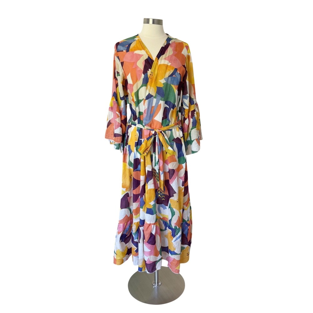 True Destinations Voile Midi Coverup Wrap Dress Cotton Floral Boho Duster Size M